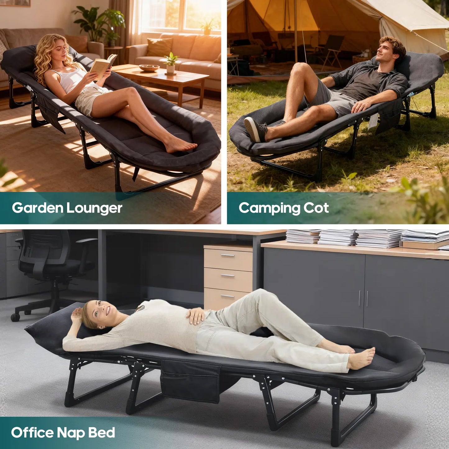 Adult camping bed, 6-position adjustable folding camping bed
