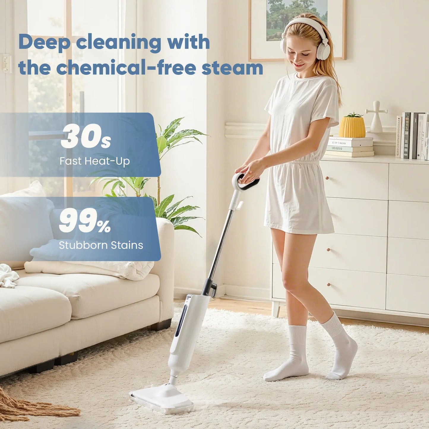 Steam floor mop cleaner, suitable for wood floors, tile, laminate flooring and carpets.