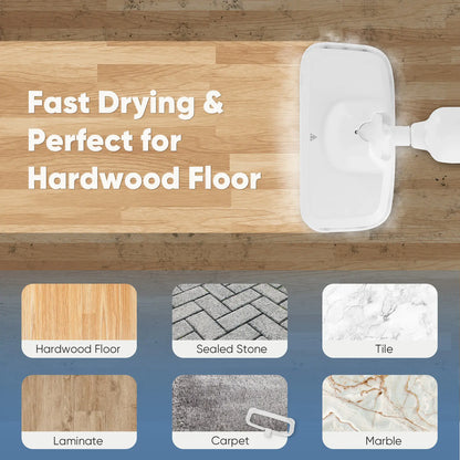 Steam floor mop cleaner, suitable for wood floors, tile, laminate flooring and carpets.