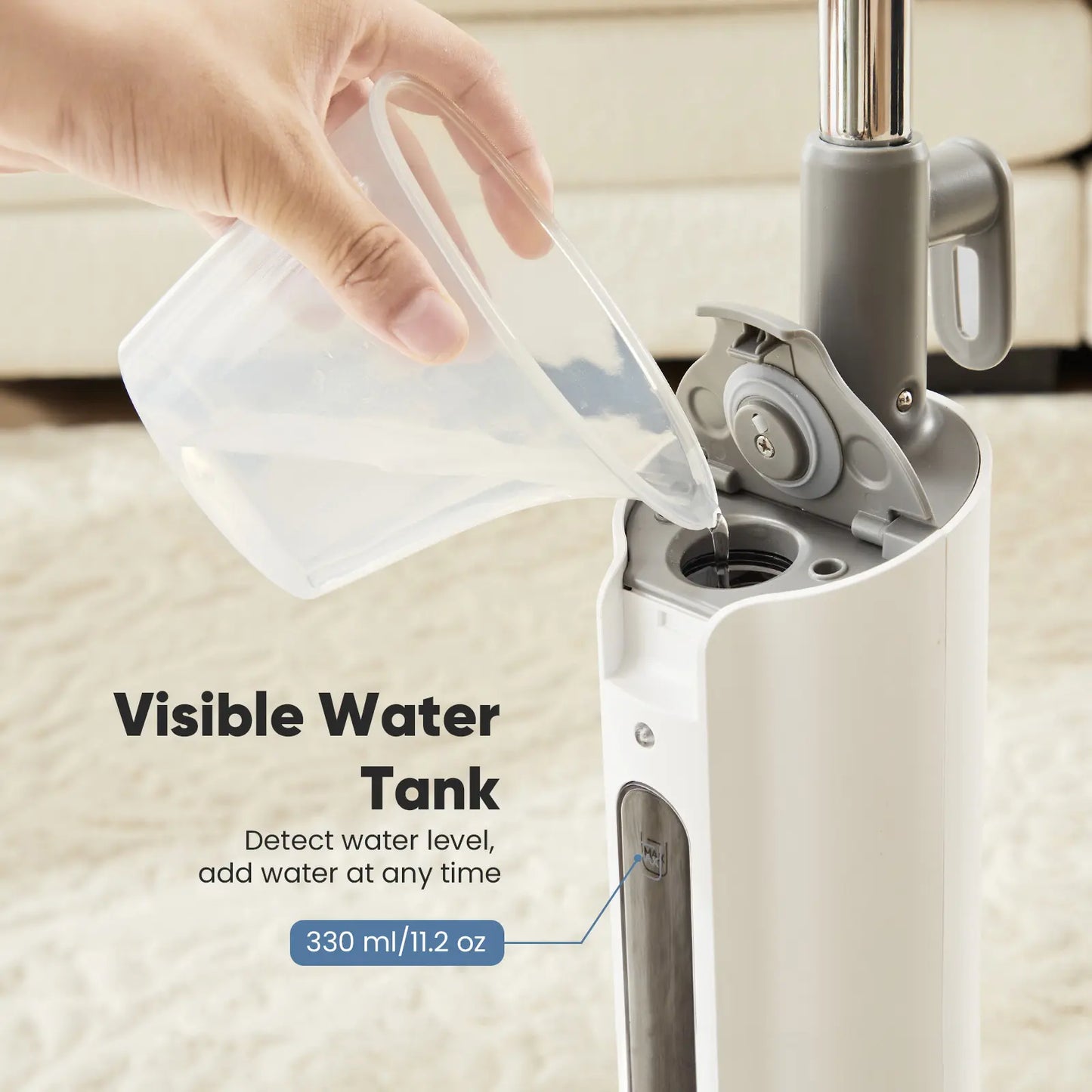 Steam floor mop cleaner, suitable for wood floors, tile, laminate flooring and carpets.