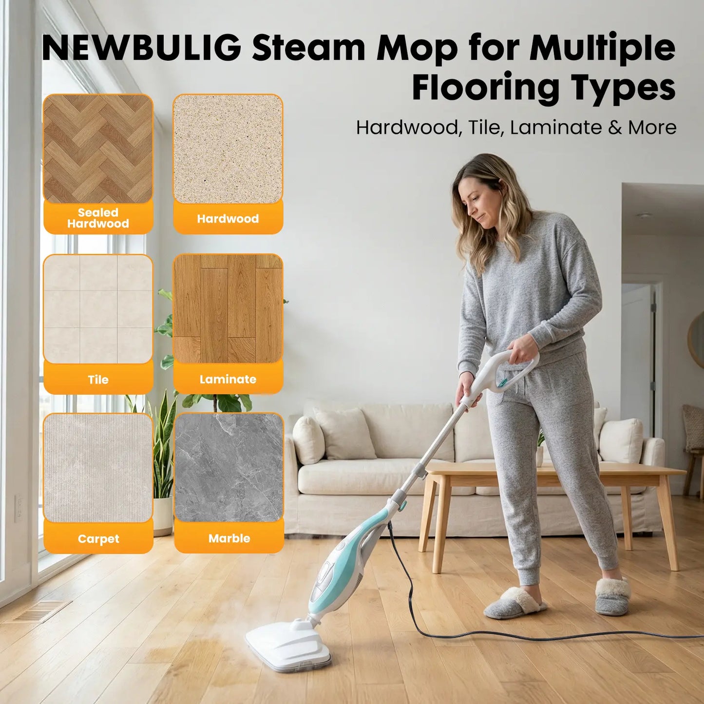 Steam floor mop cleaner, suitable for wood floors, tile, laminate flooring and carpets.