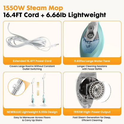 Steam floor mop cleaner, suitable for wood floors, tile, laminate flooring and carpets.