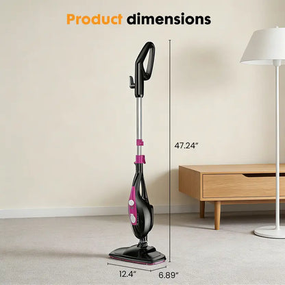 Steam floor mop cleaner, suitable for wood floors, tile, laminate flooring and carpets.